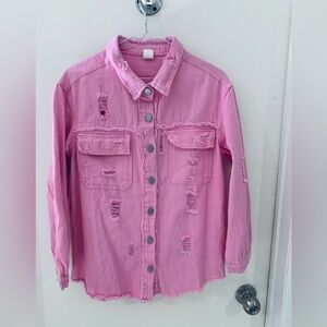 Pink Distressed Button-Up Jacket - Women